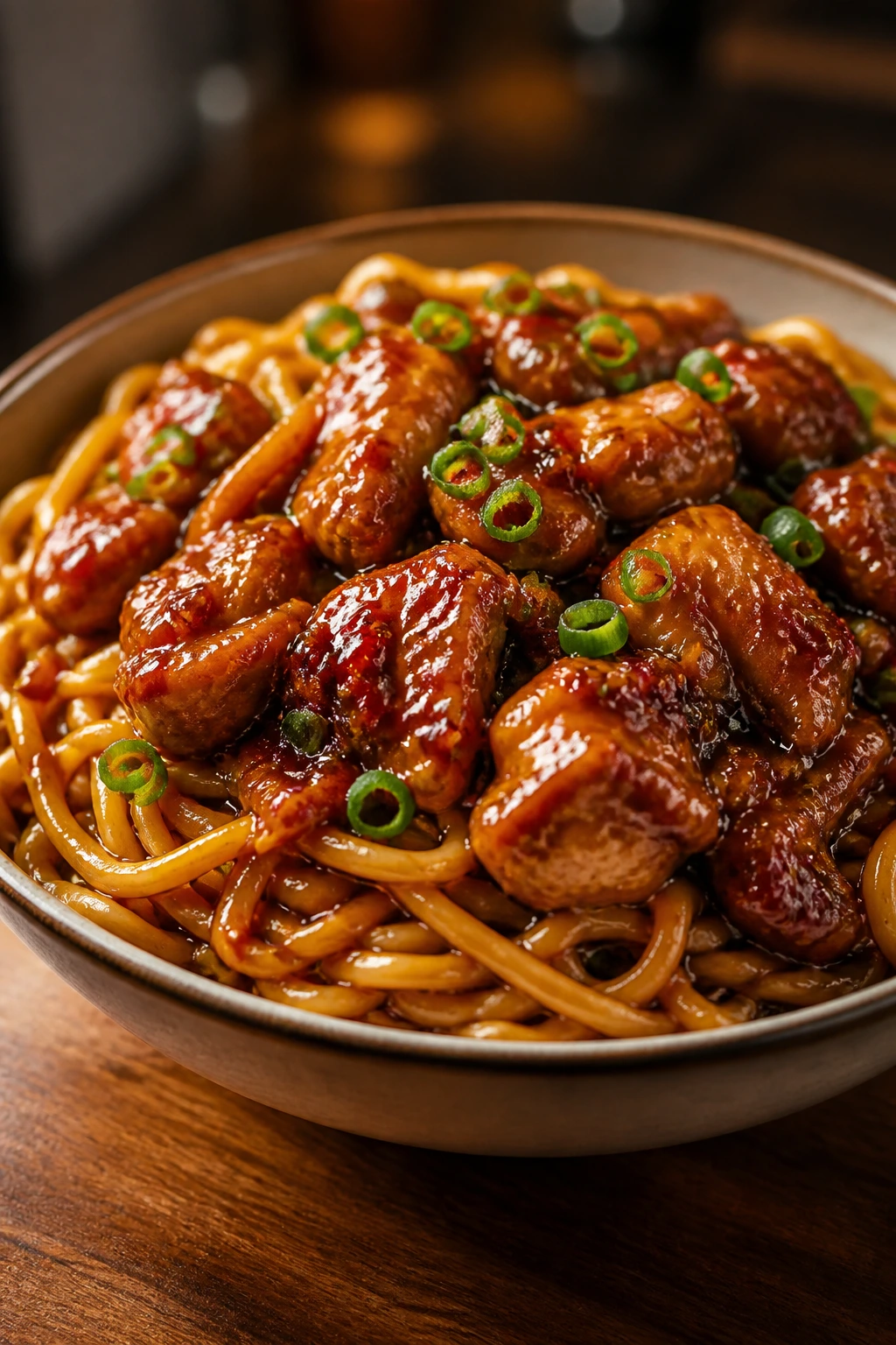 Close-up of General Tso’s Chicken Noodles with glossy sauce