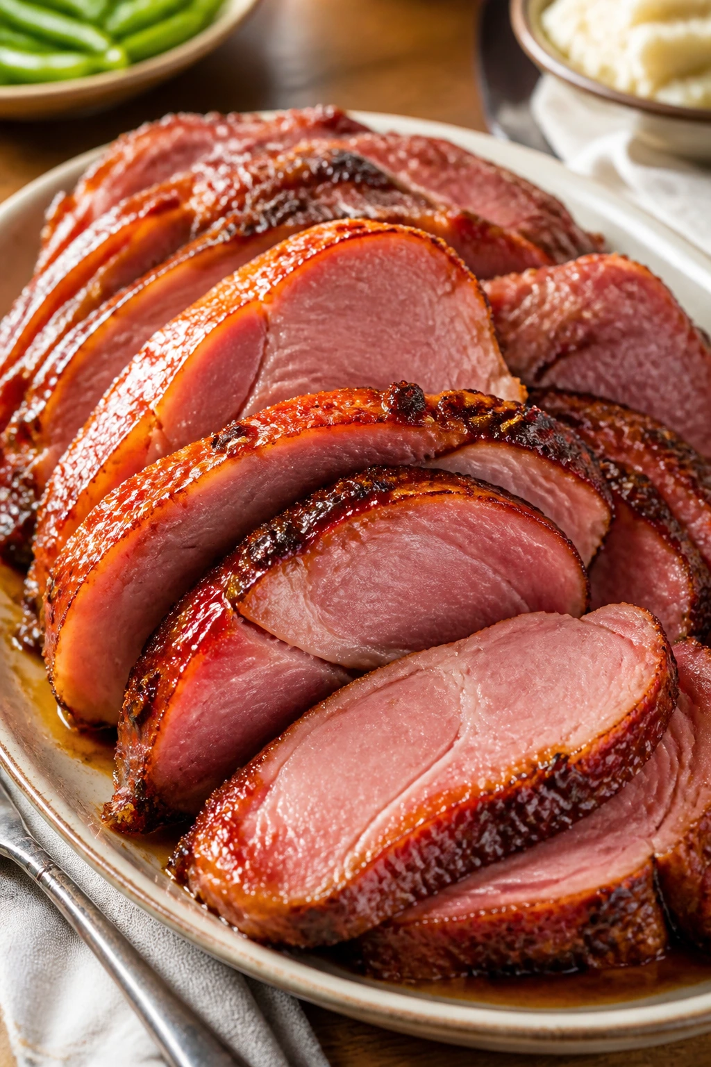 Generous plate of glazed ham slices on a warm platter