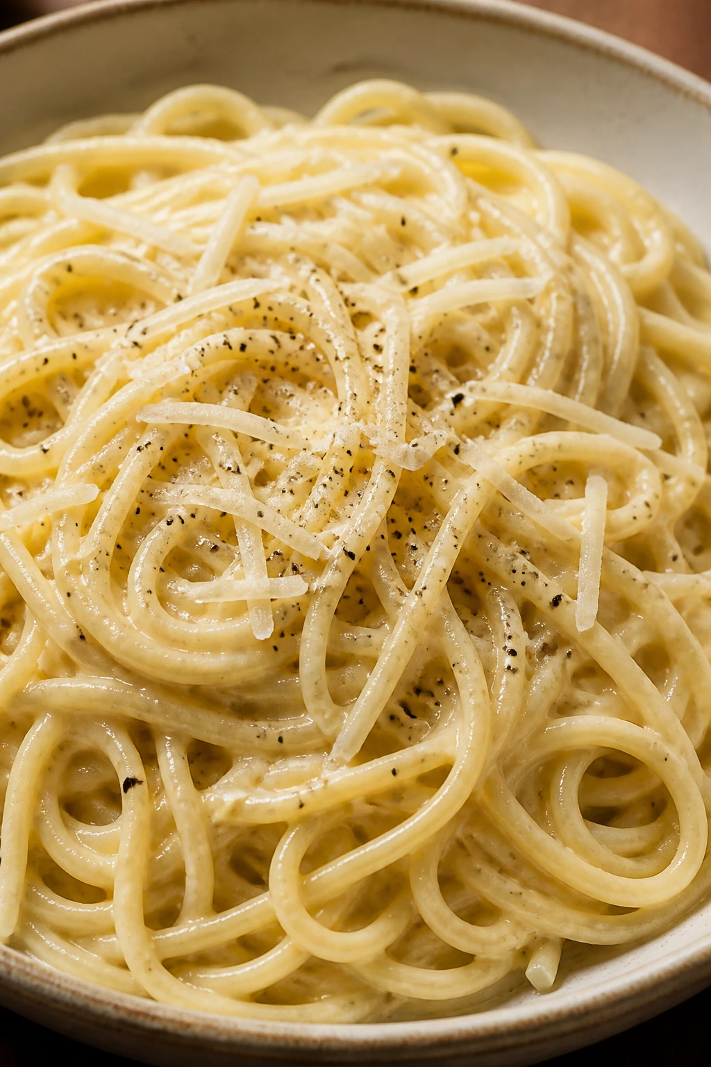 Plate of buttered pasta with parmesan in a warm kitchen setting