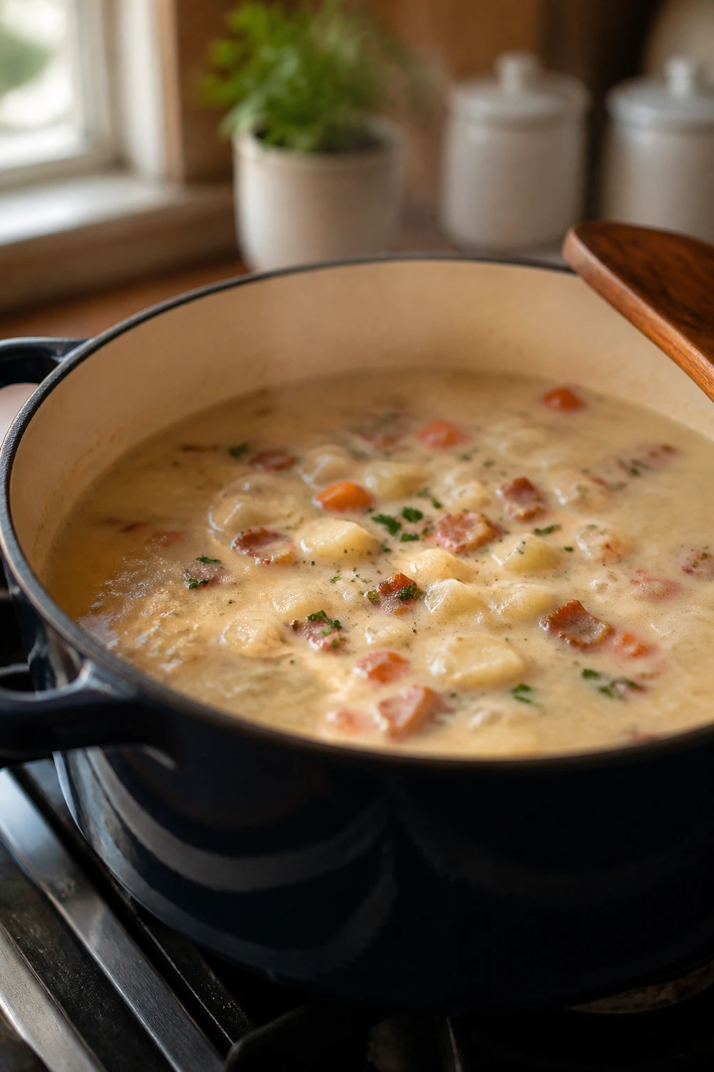 Calm simmering chowder pot on a stove showing gentle simmer