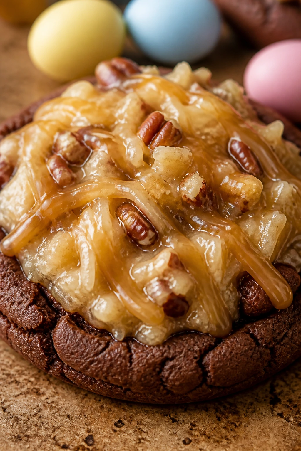 German chocolate Easter cookie with coconut-pecan topping and caramel drizzle