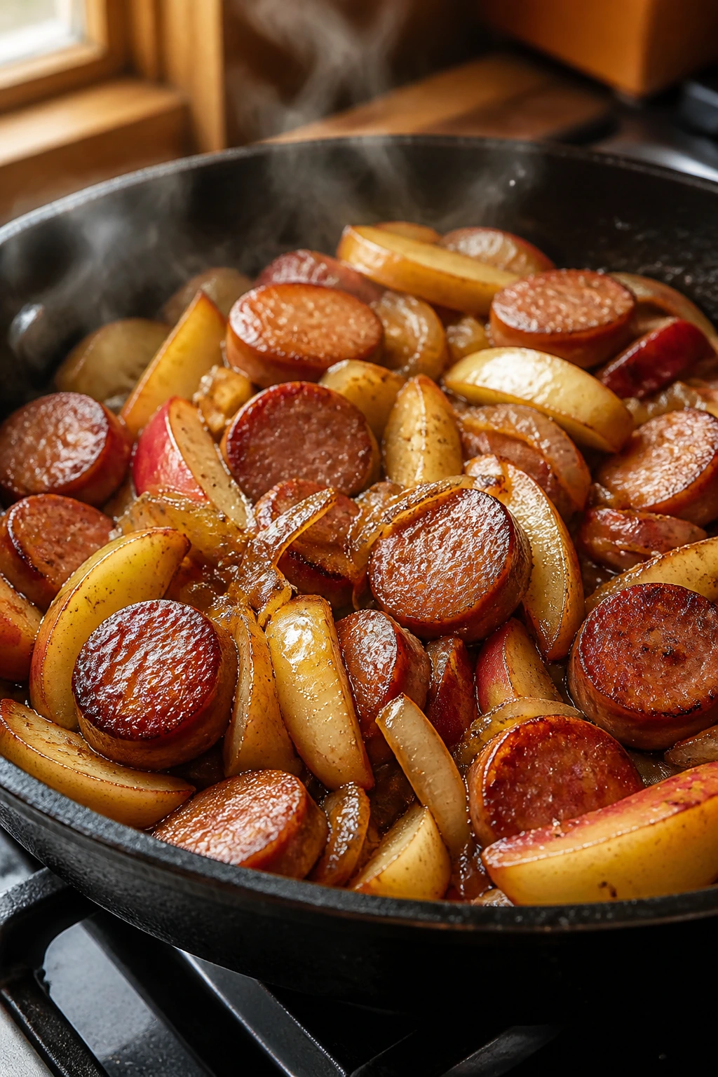 Close-up of German-Style Sausage and Apples Skillet with smoky sausage, caramelized apples, onions