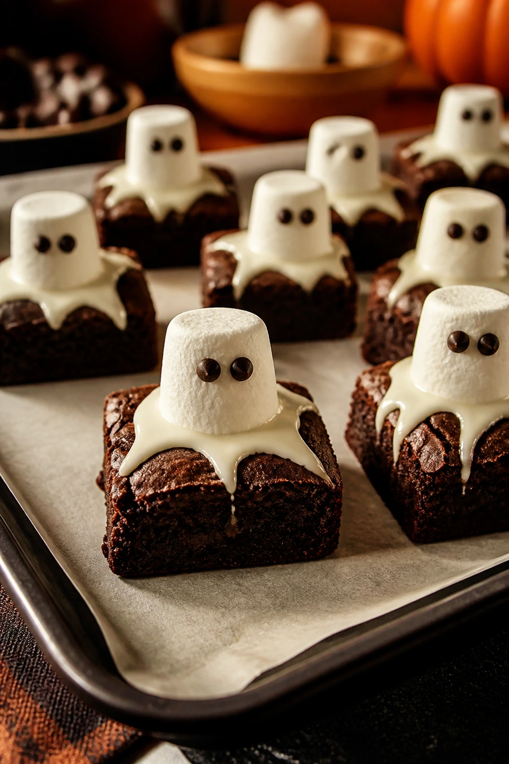 Brownies topped with marshmallow ghosts and chocolate eyes