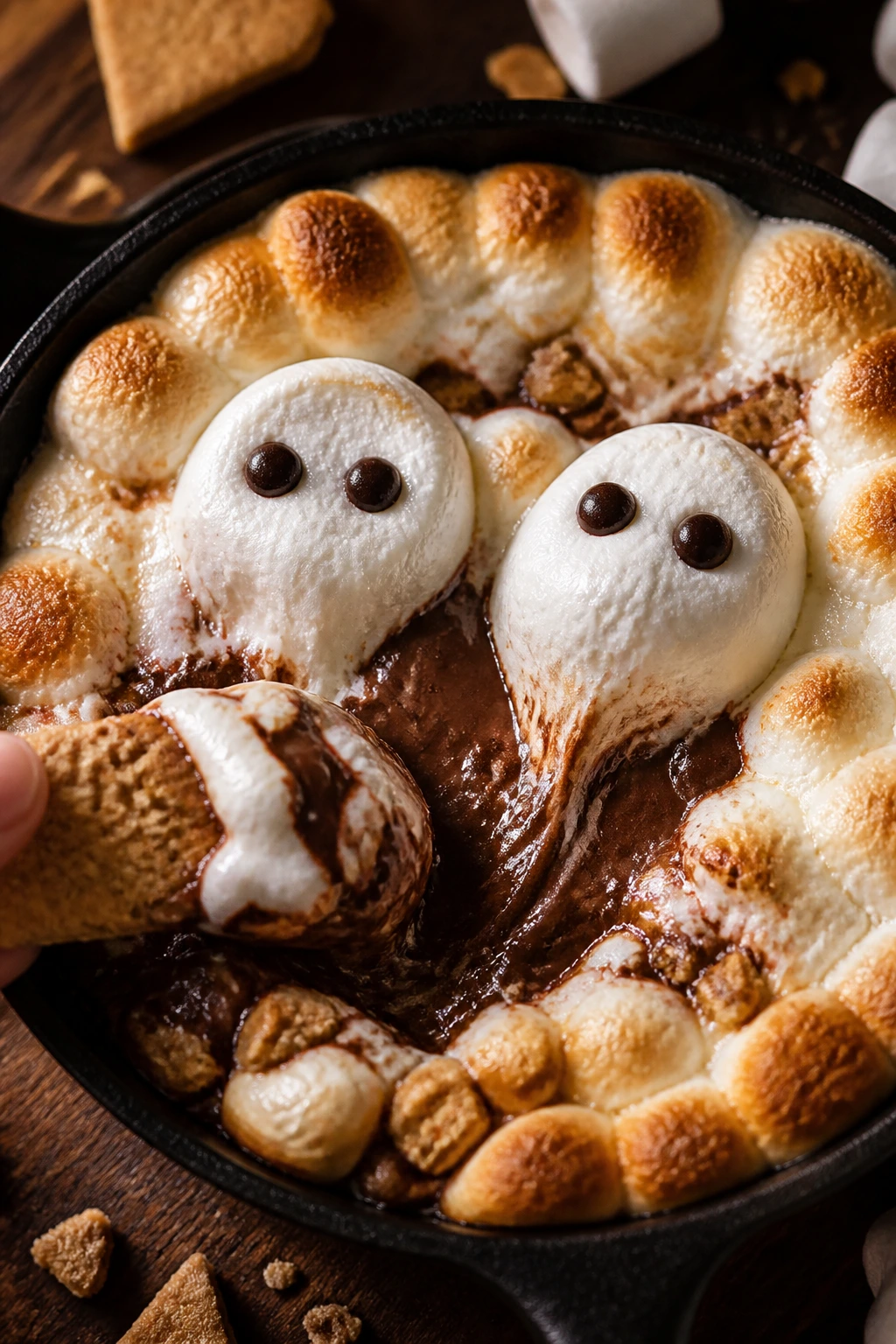 Close-up of a cast-iron skillet with melted chocolate and toasted marshmallows forming ghost faces.