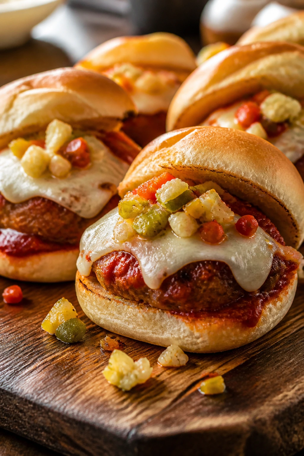 Close-up of giardiniera meatball sliders with provolone on a wooden board