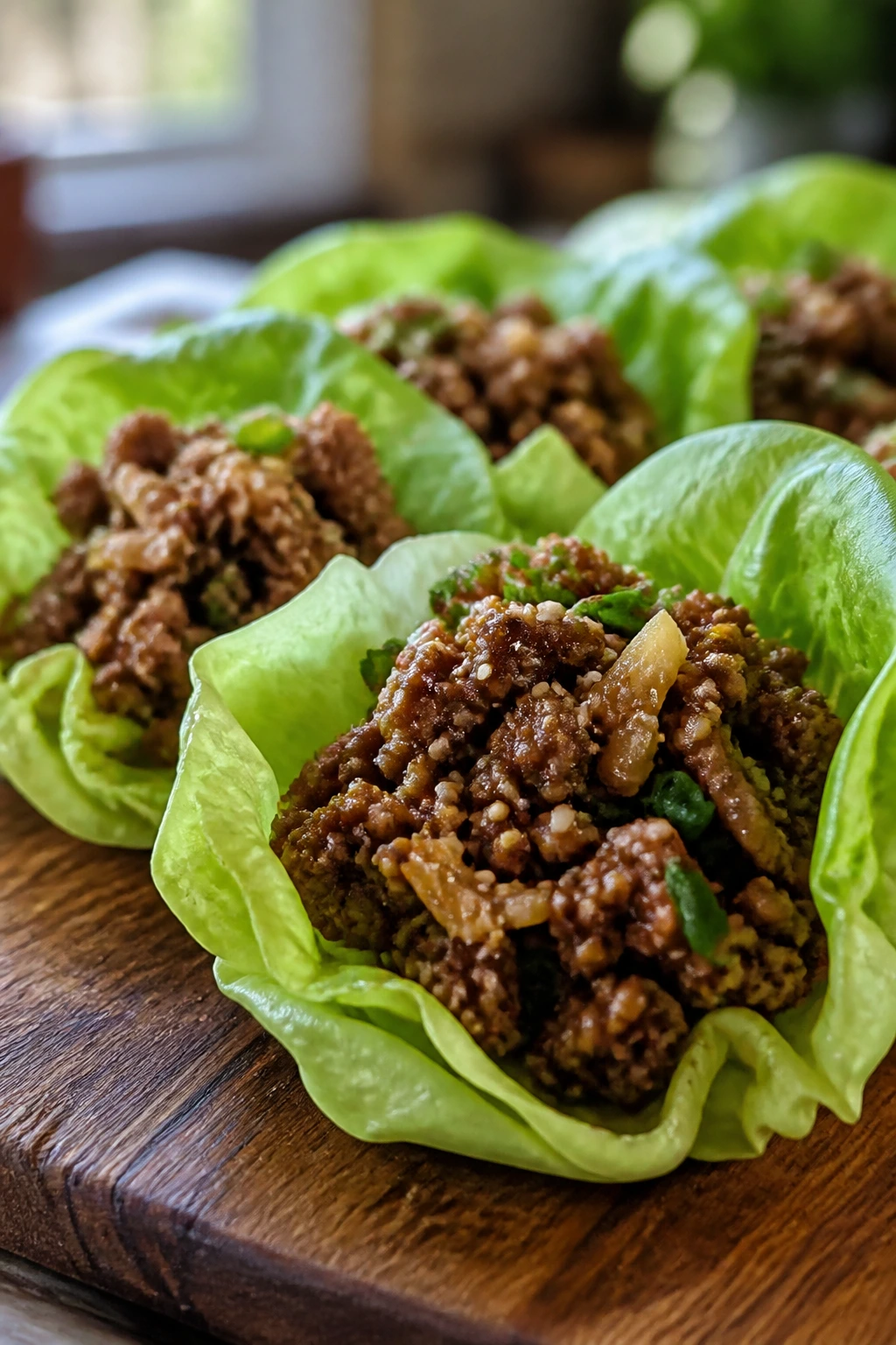 Close-up of ginger-soy beef lettuce wraps on a wooden board.