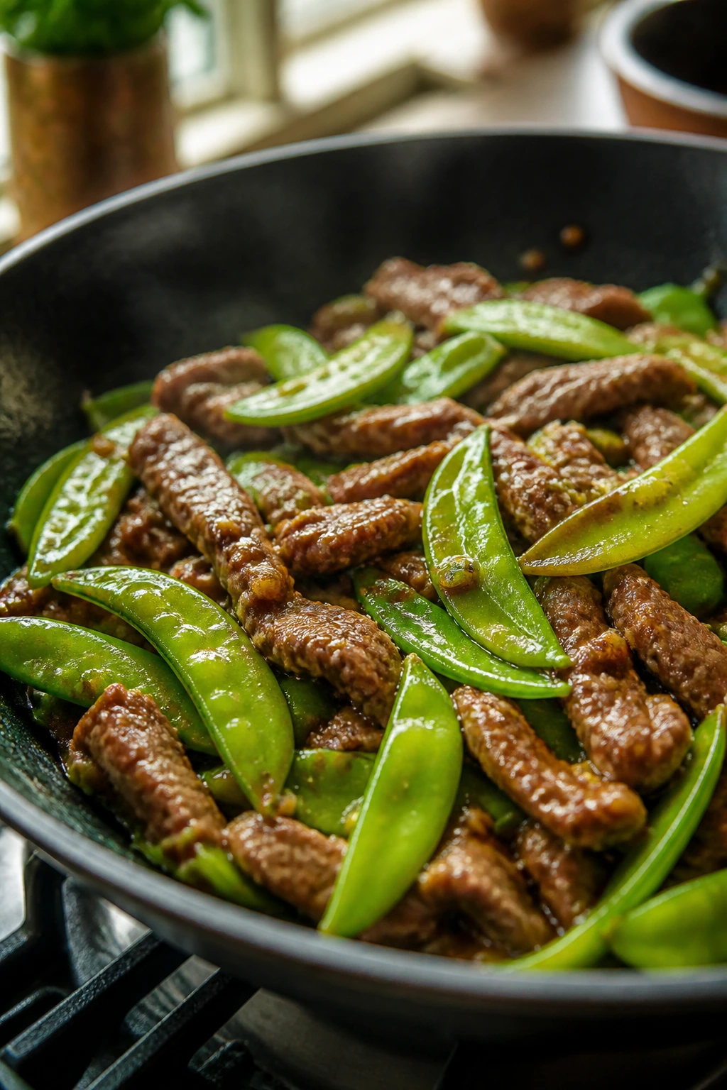 Beef with snow peas in ginger sauce close-up