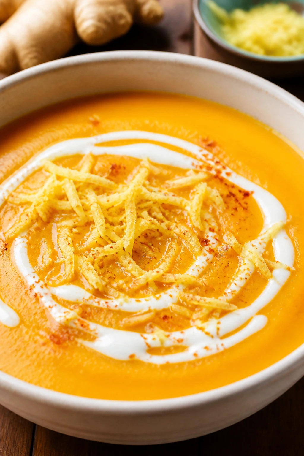 Bright ginger carrot cauliflower soup with visible ginger and coconut milk in a bowl