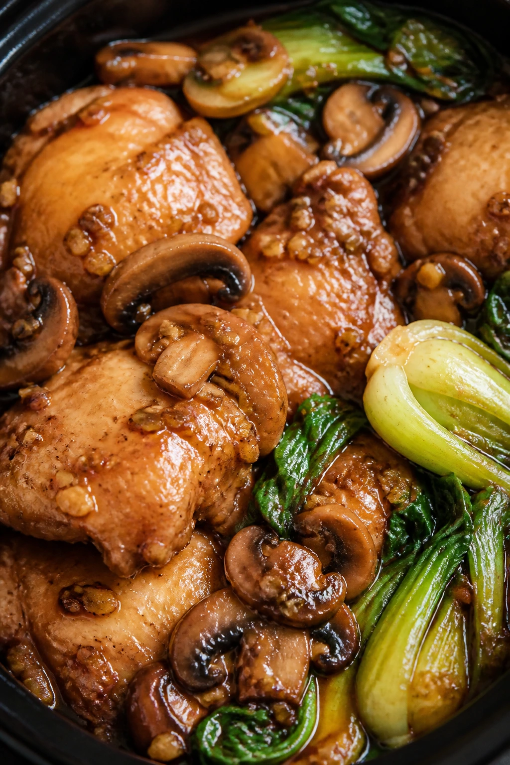 Ginger chicken with mushrooms and bok choy in glossy sauce