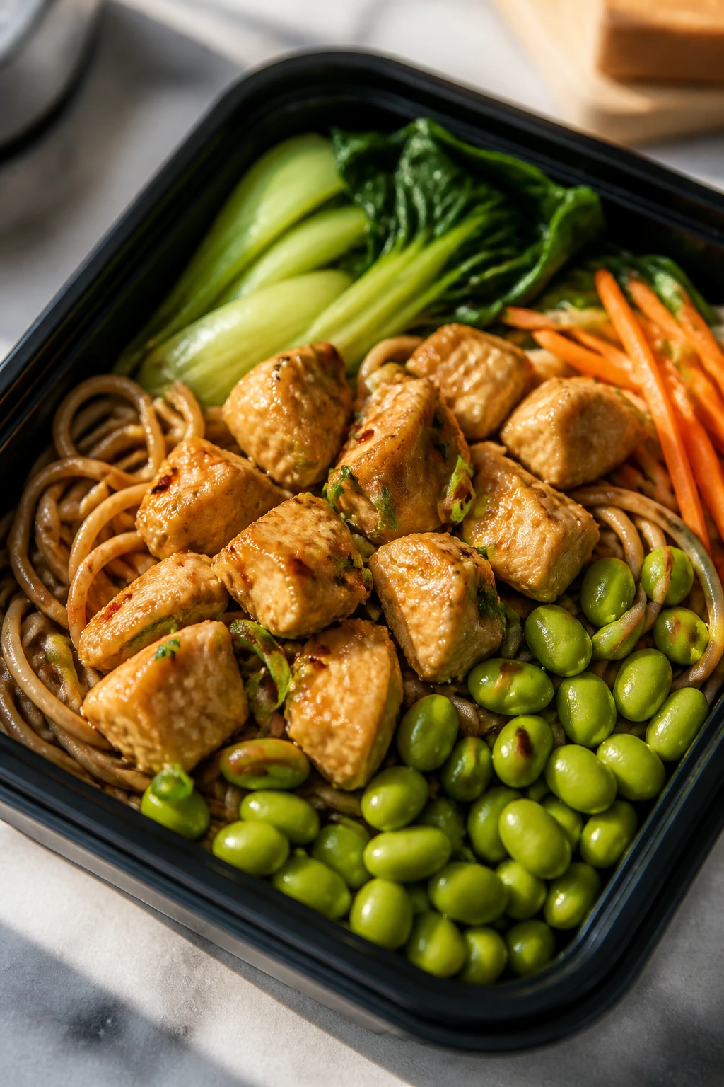 Close-up of Ginger Chicken Noodle Boxes showing noodles and veggies