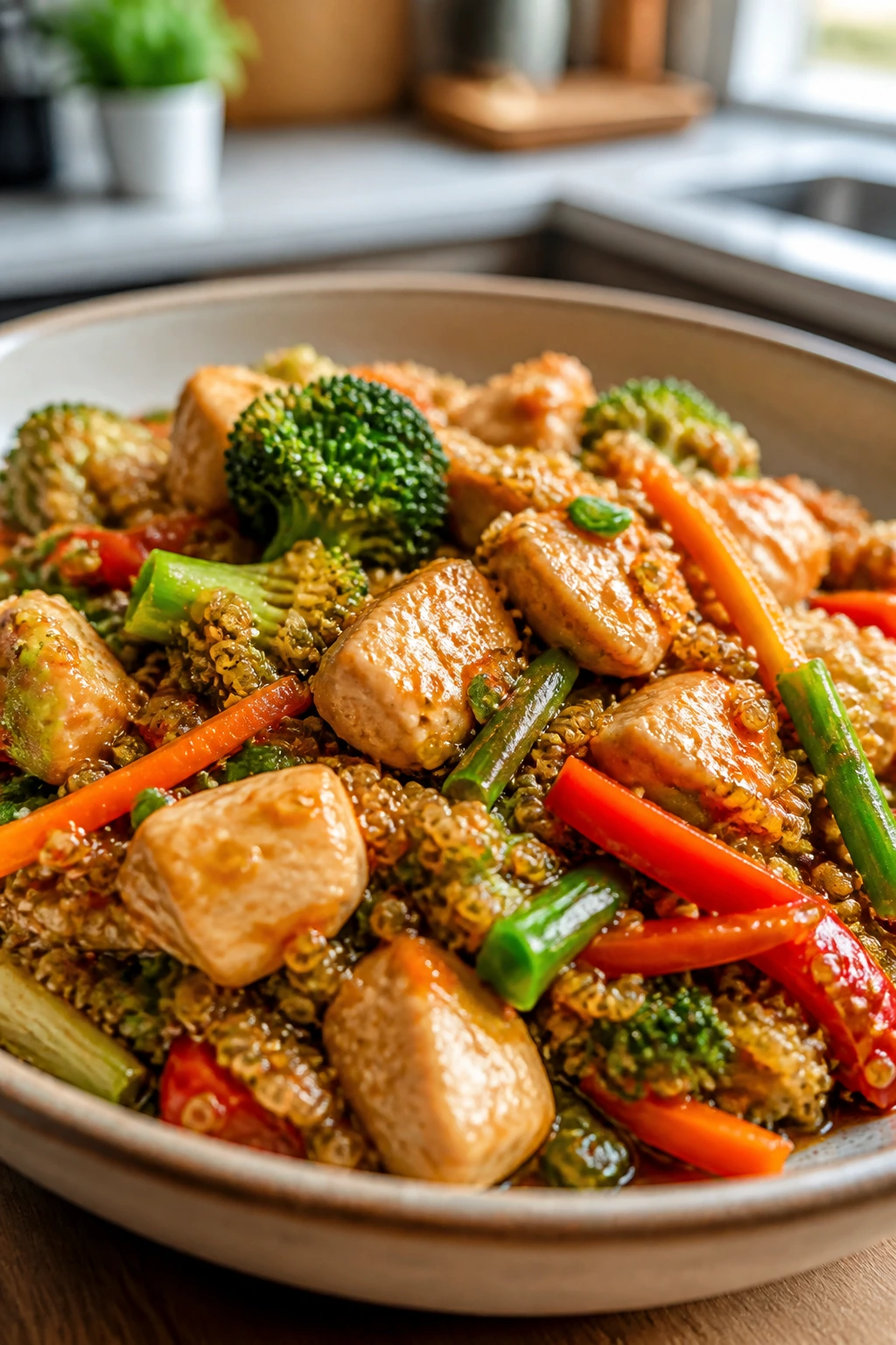 Ginger chicken quinoa stir fry served in a bowl in a bright kitchen.