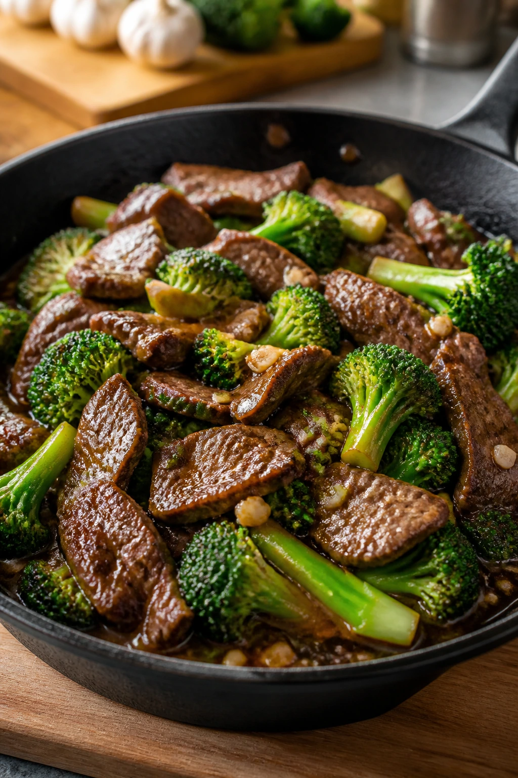 Close-up of ginger-garlic beef and broccoli in a skillet with glossy sauce