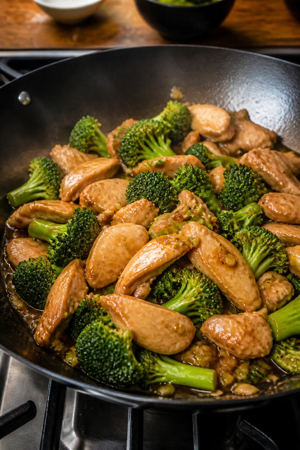 Close up of ginger garlic chicken and broccoli stir-fry in a pan