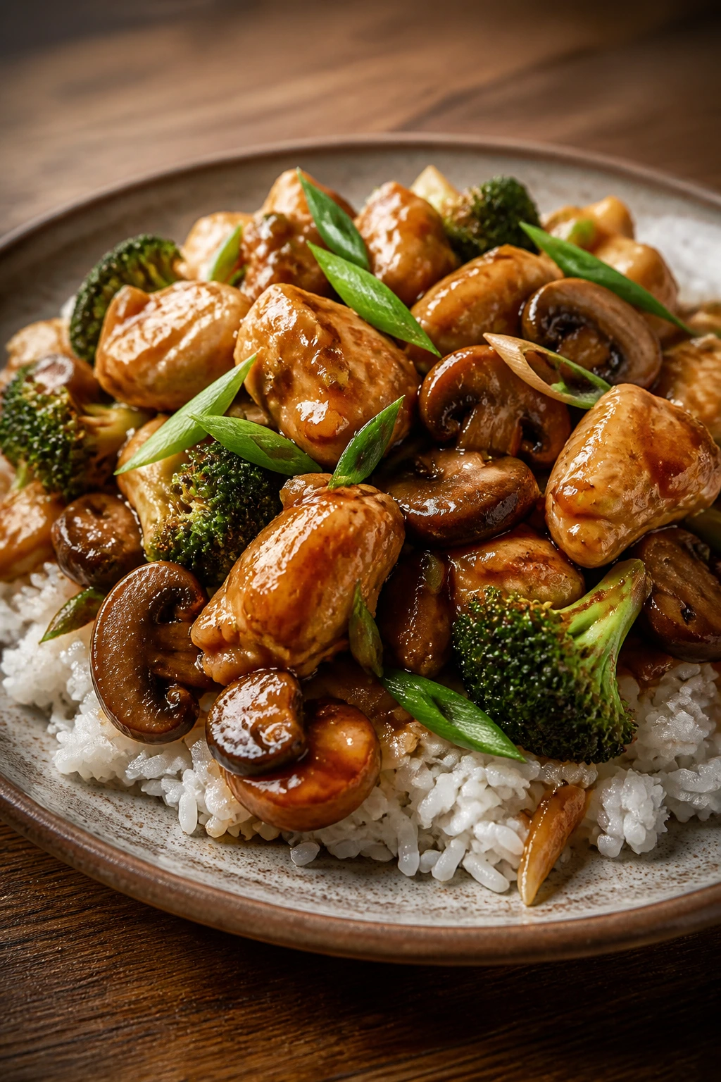 Plate of ginger-garlic chicken with broccoli, mushrooms, and jasmine rice