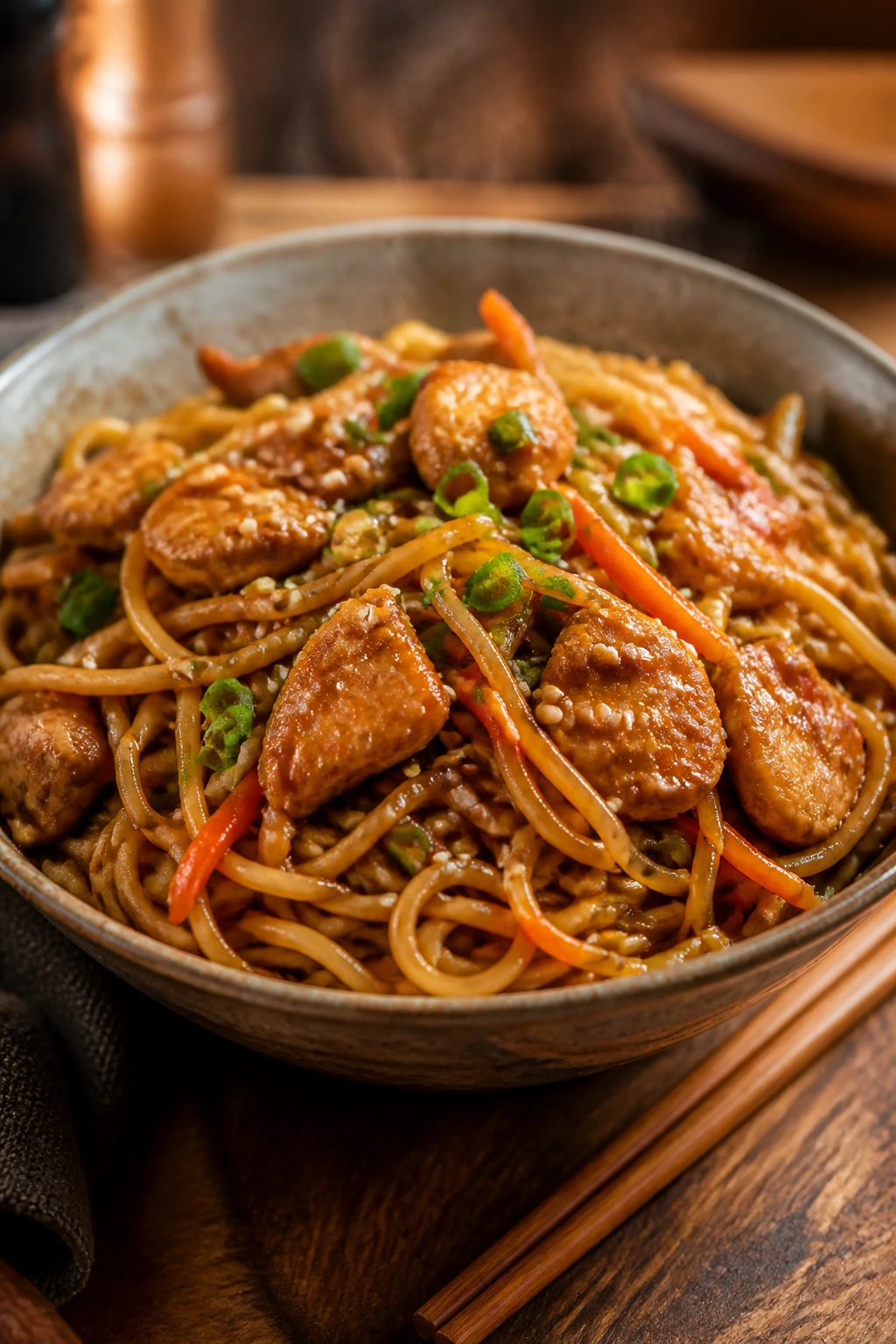 Close-up of Ginger Garlic Chicken Lo Mein with chicken and lo mein noodles in glossy sauce