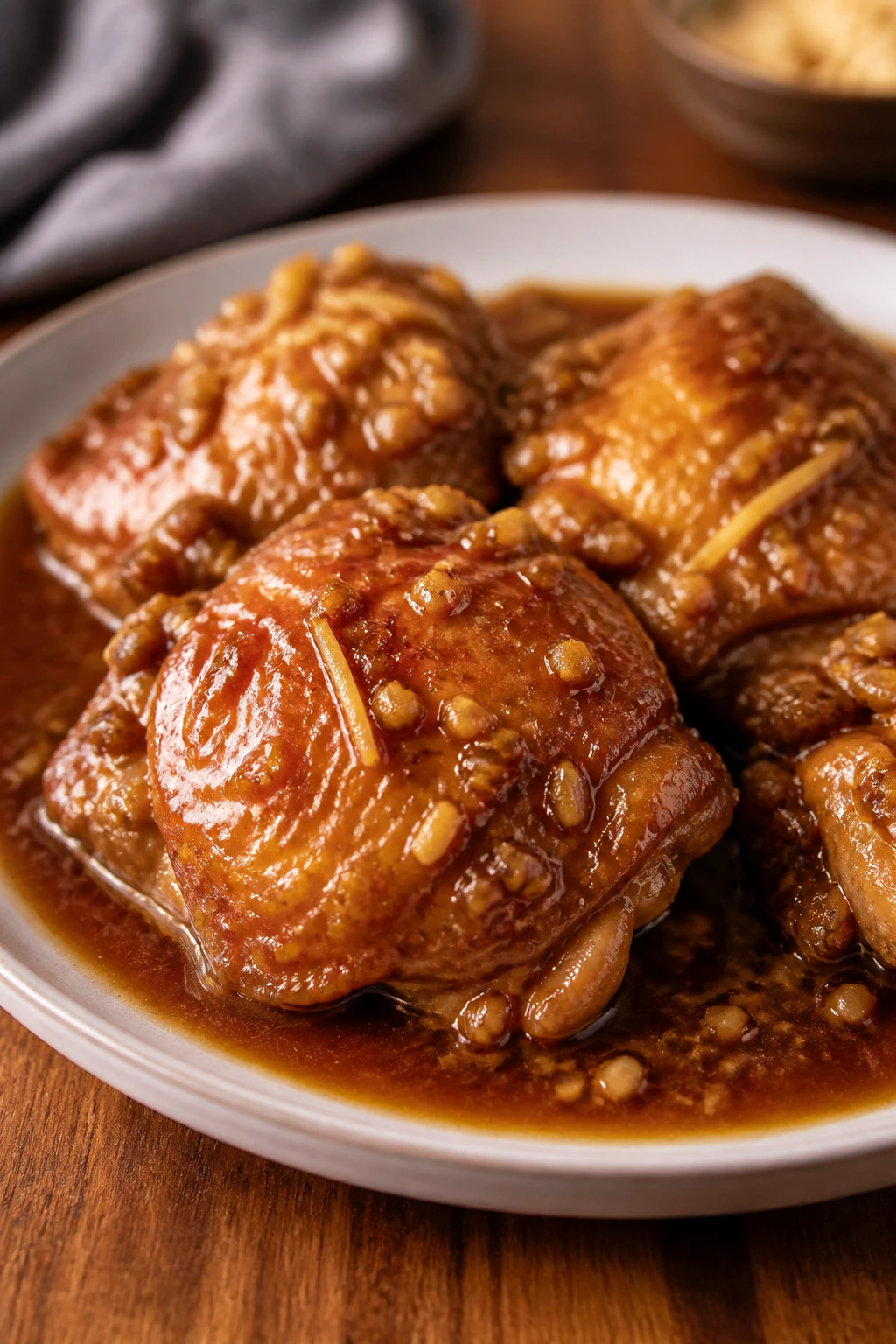 Close-up of crockpot ginger garlic chicken thighs in glossy sauce