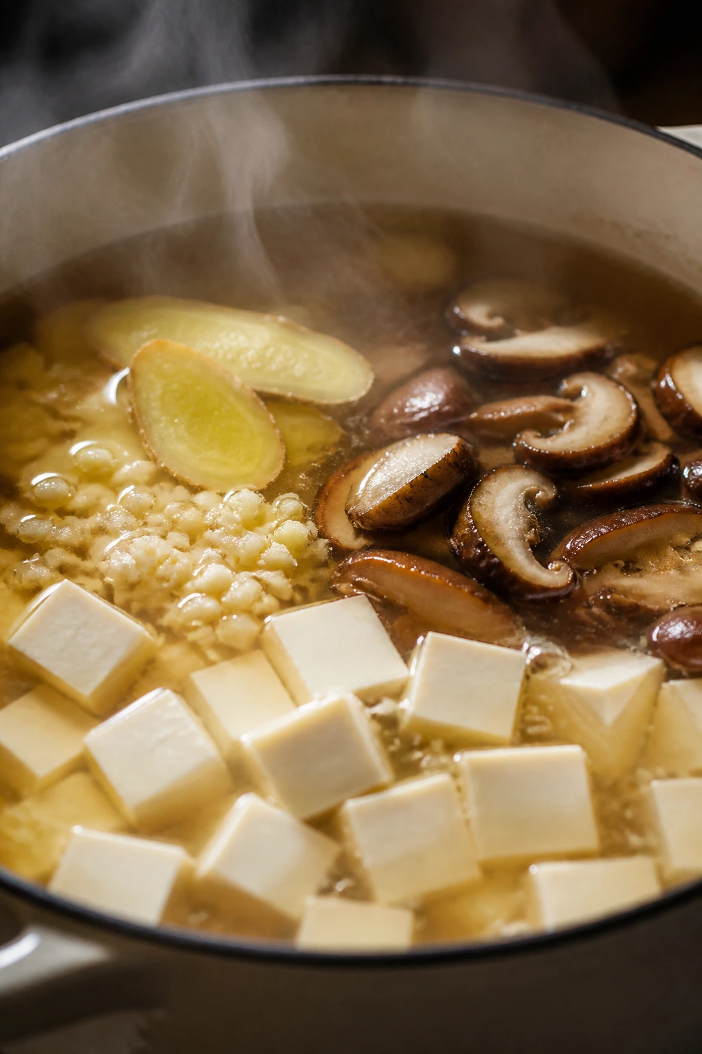 Simmering pot with ginger, garlic, mushrooms, tofu in broth