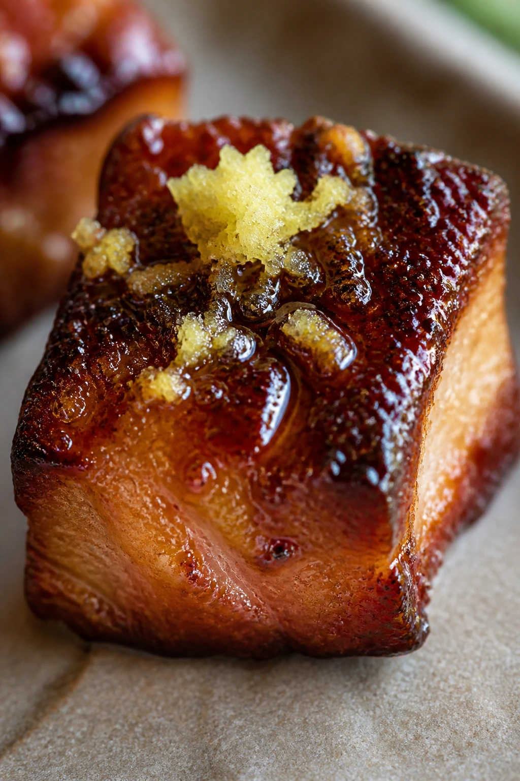 Close-up of glazed pork with a hint of ginger in warm kitchen light