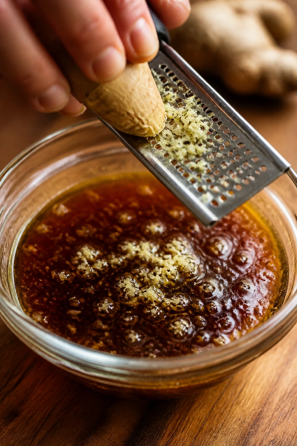 Hand grating ginger into glaze as glaze shimmers