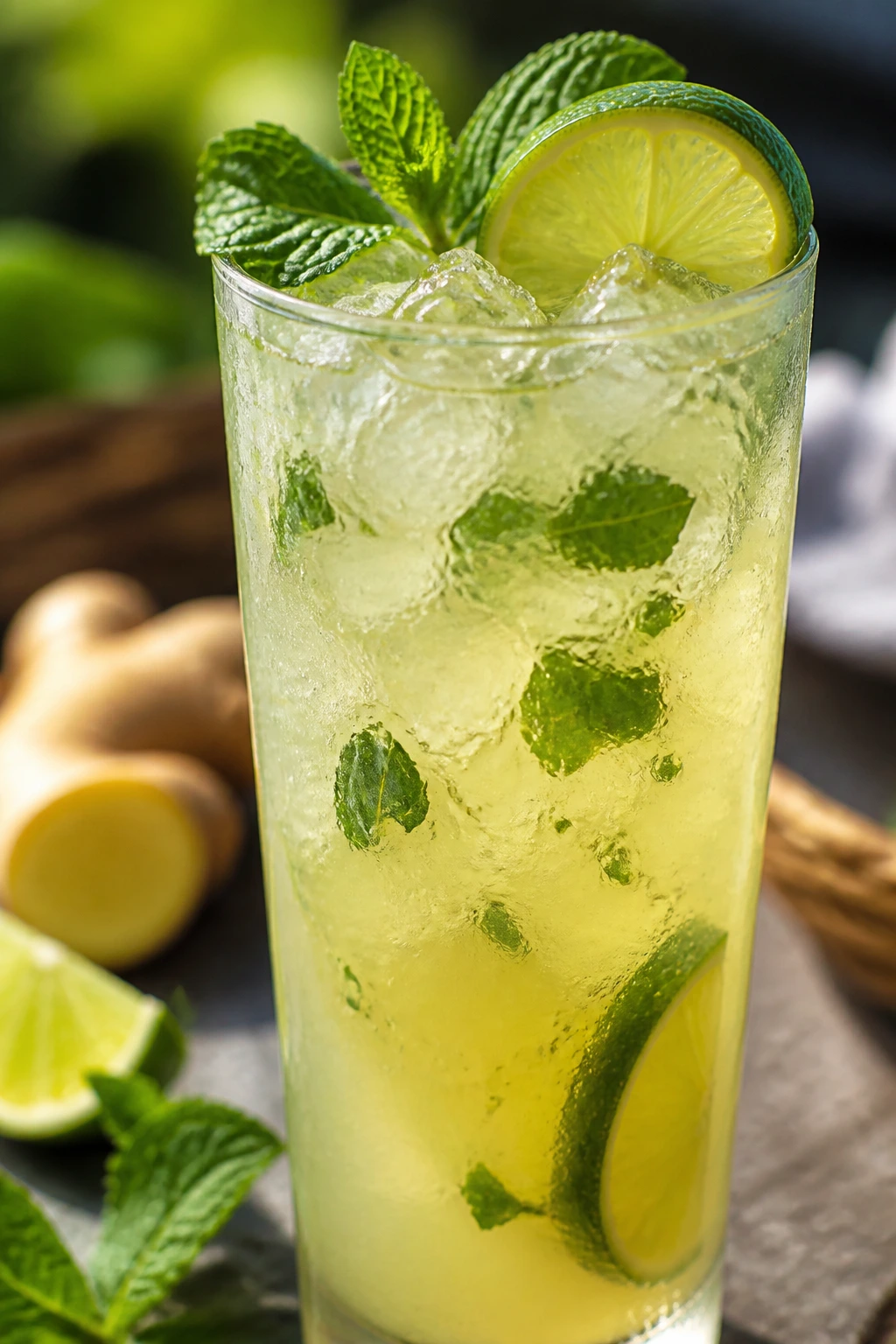 Tall glass of ginger-mint limeade with lime wheel and mint on a picnic table.