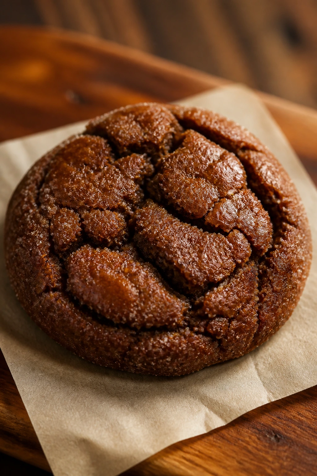 Close-up of a dark crackled ginger molasses cookie on parchment in a warm kitchen