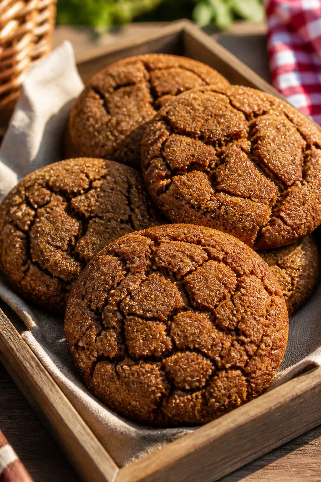 Chewy ginger molasses cookies on a rustic tray outdoors