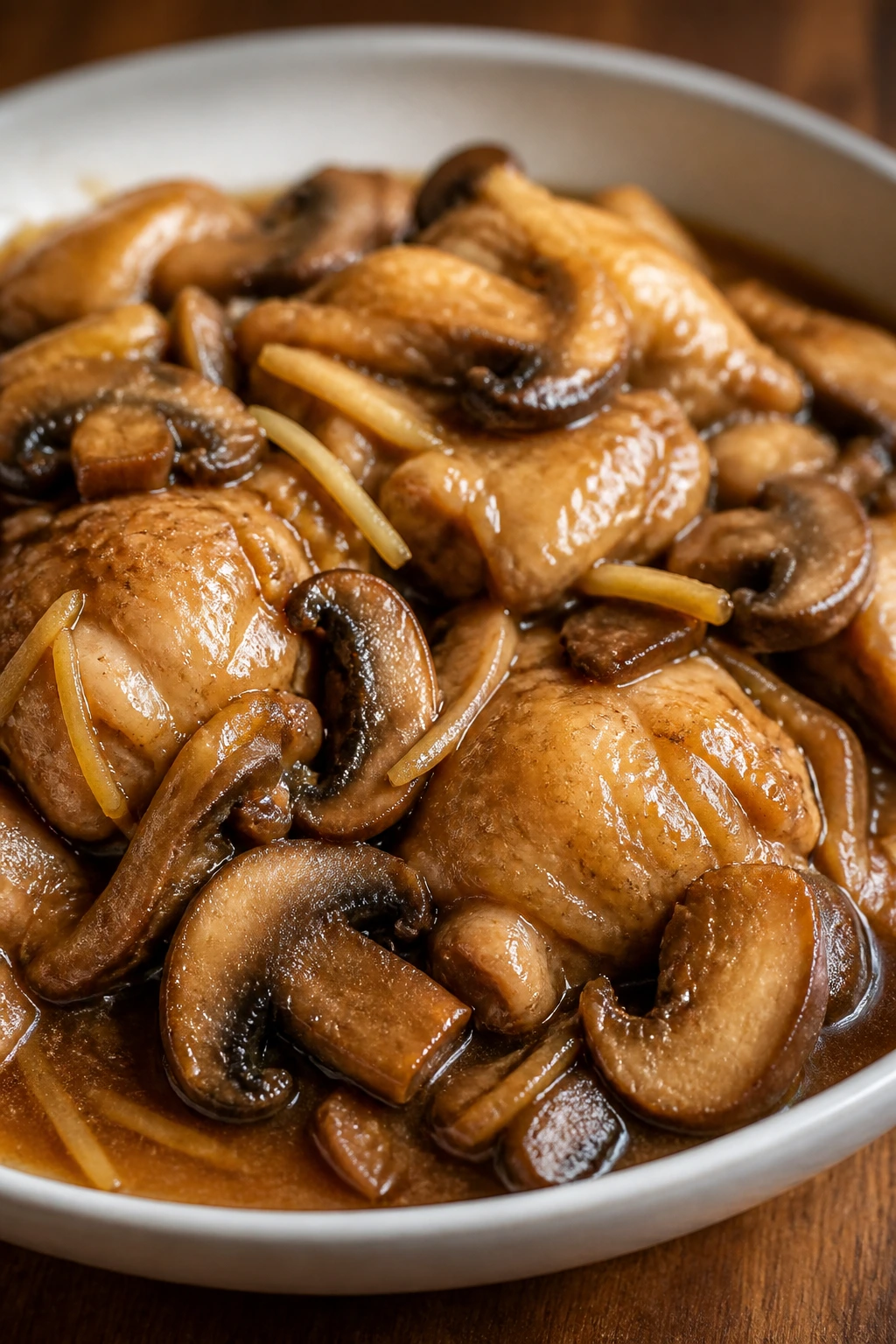 Close-up of Ginger Mushroom Chicken with mushrooms and ginger in sauce