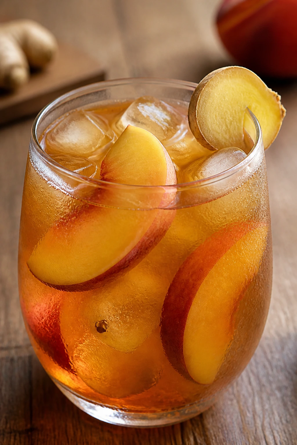 Close-up of ginger peach oolong iced tea with peach slices on a wooden counter