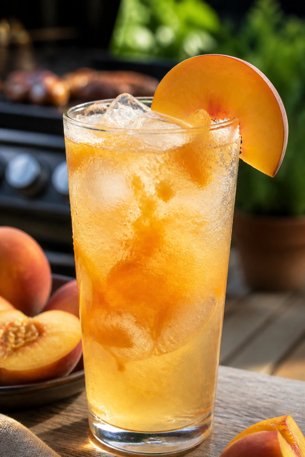 Close-up of Ginger Peach Cooler in a tall glass with peach and ginger fizz outdoors