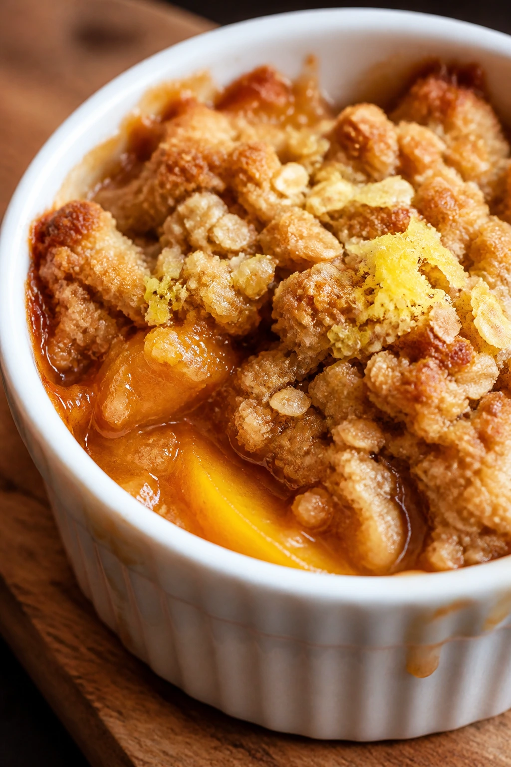 Close-up of a ginger peach crumble cup in a ramekin