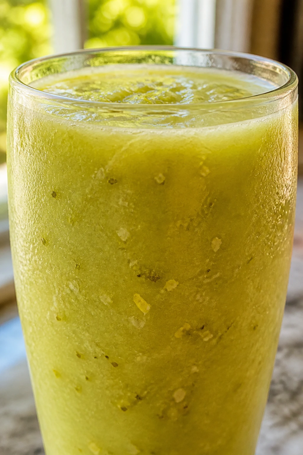 Close-up of a pale yellow-green ginger pineapple green tea smoothie in a glass