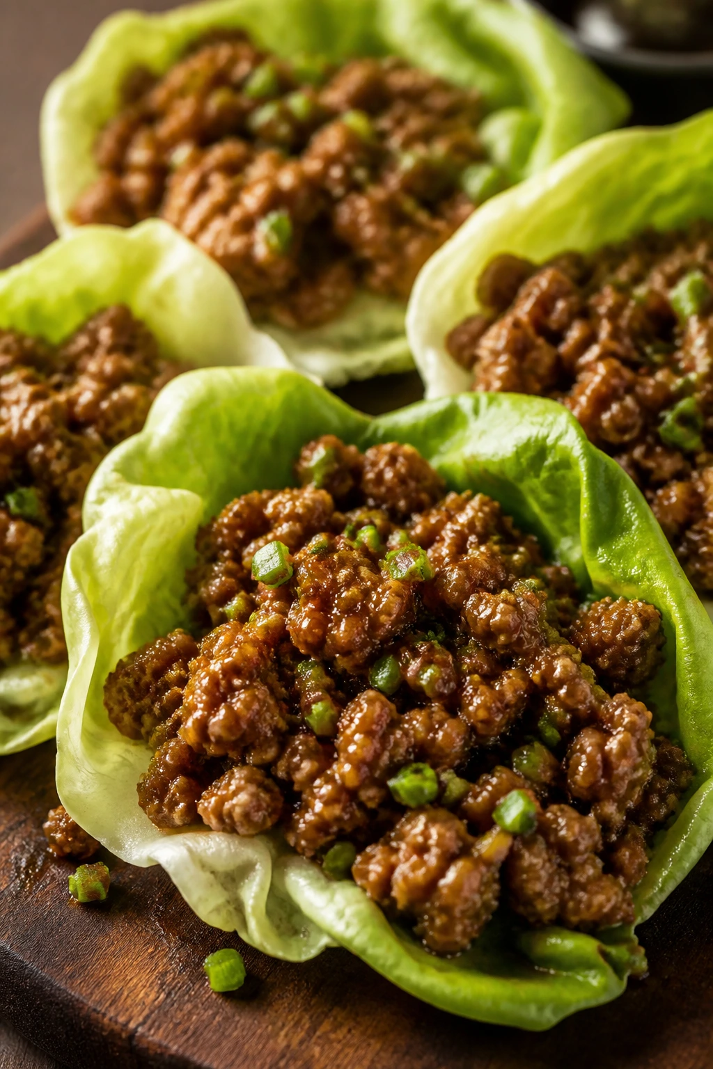 Close-up of ginger pork lettuce cups on a rustic wooden board
