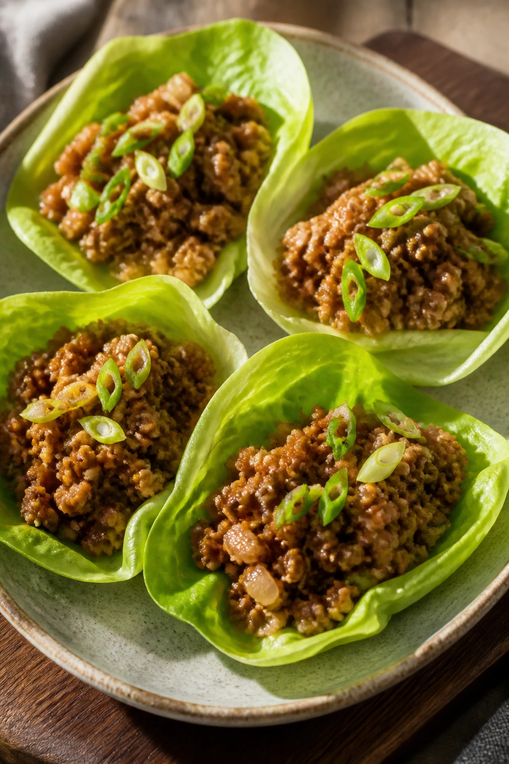 Close-up ginger pork lettuce cups on a wooden board