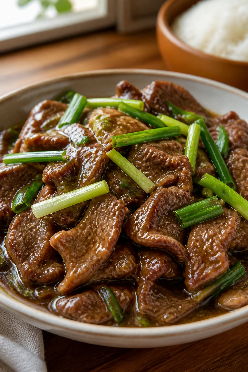 Close-up of beef in glossy ginger-scallion sauce with scallions