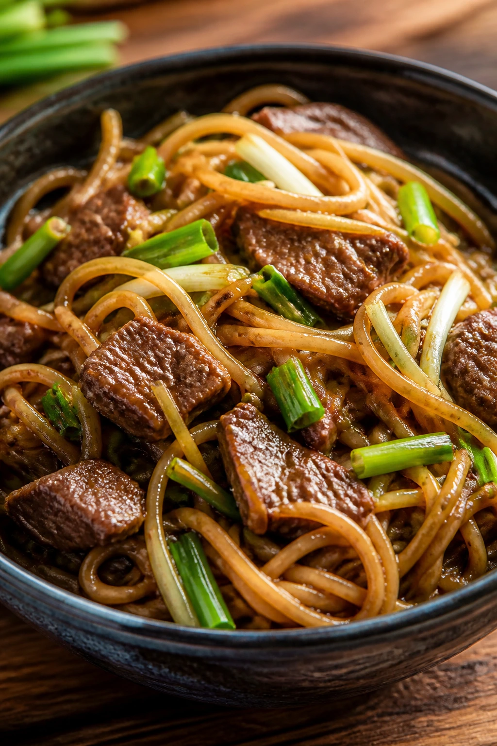 Close-up of Ginger Scallion Beef Noodles with beef and ginger