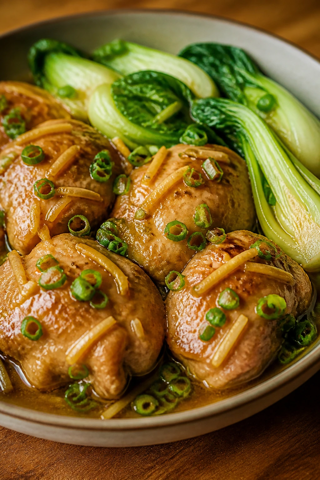Close-up of ginger-scallion chicken with bok choy in a glossy glaze