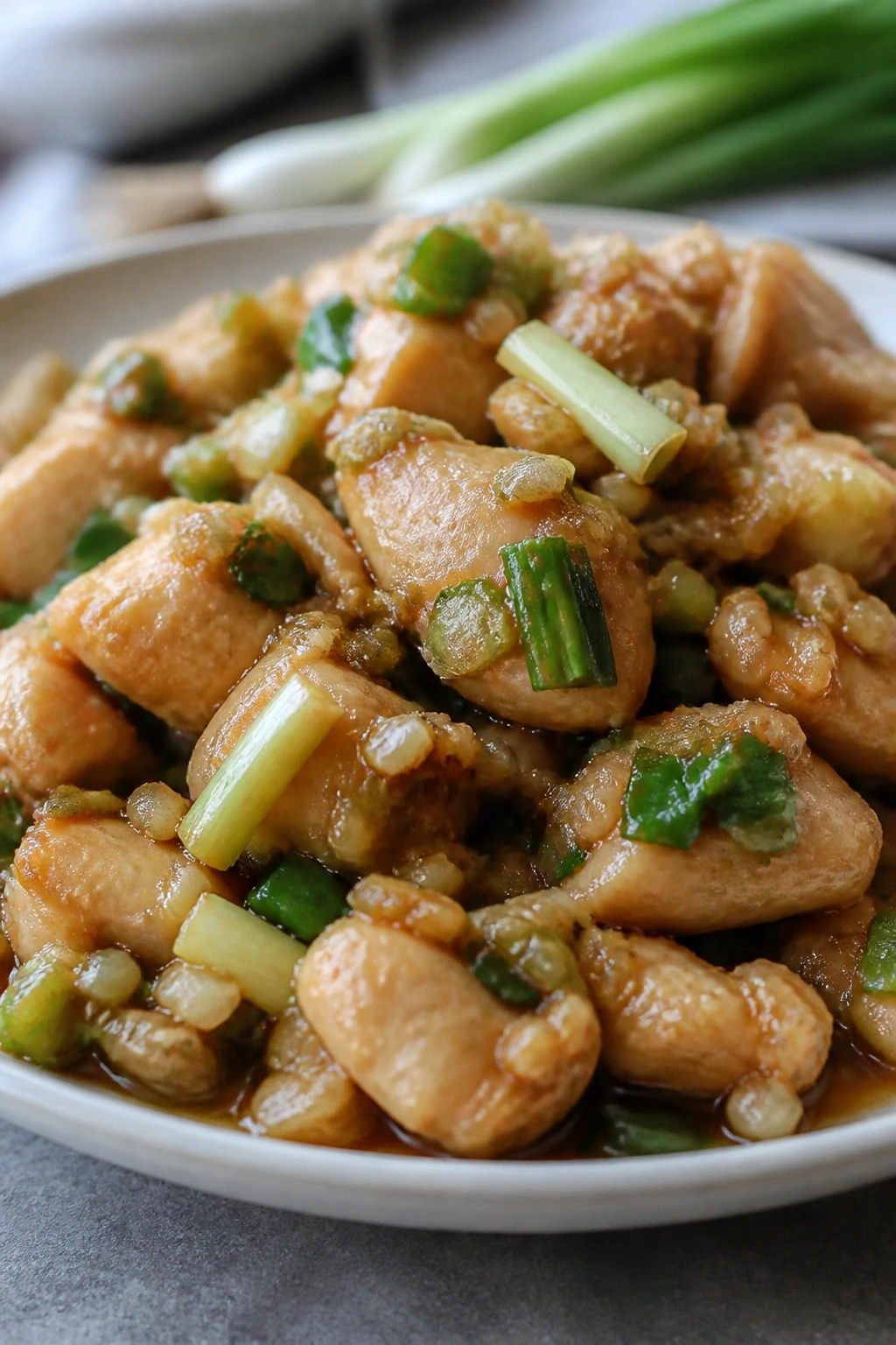Close-up of ginger scallion chicken with ginger and scallions
