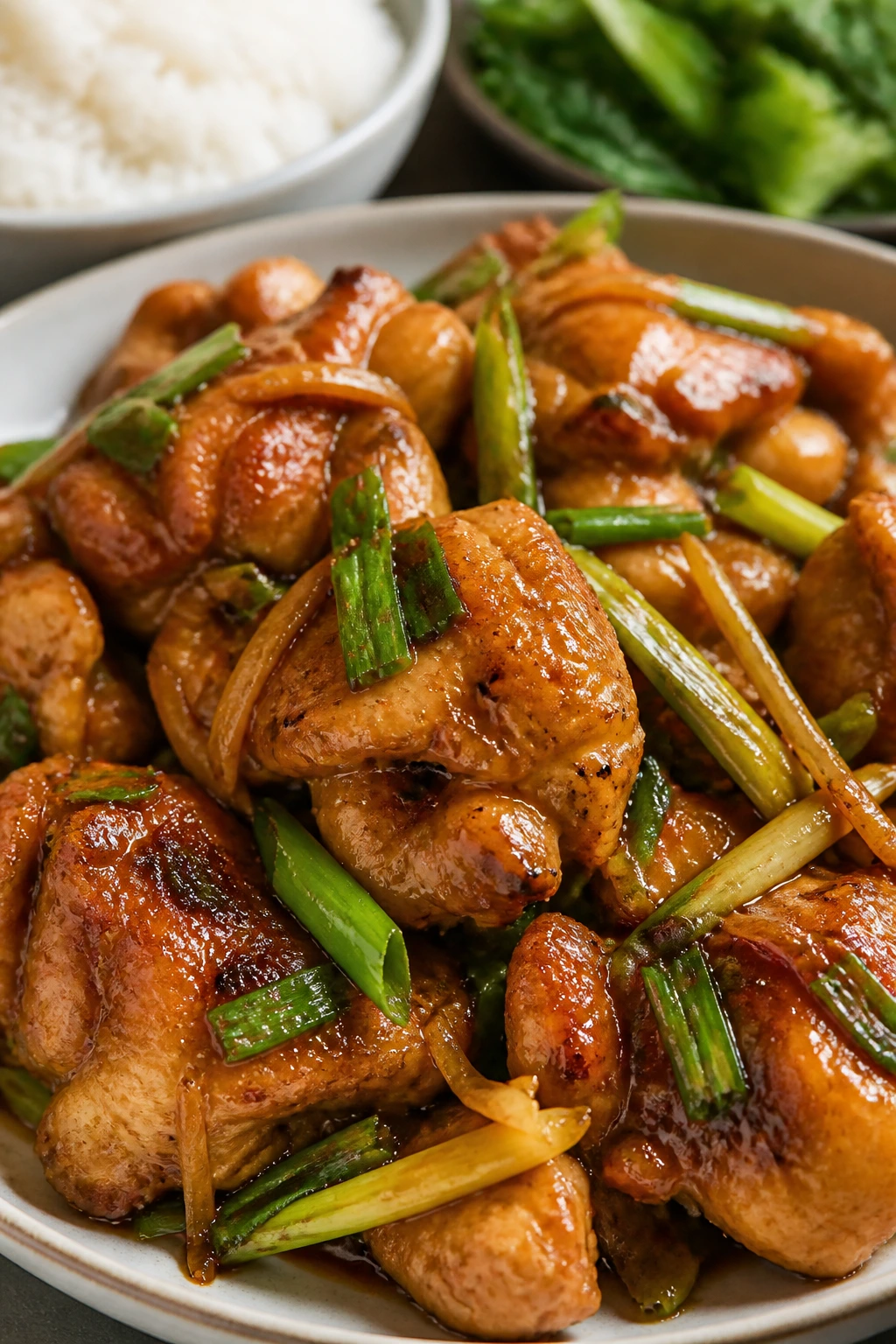 Close-up of Ginger-Scallion Chicken with ginger and scallions