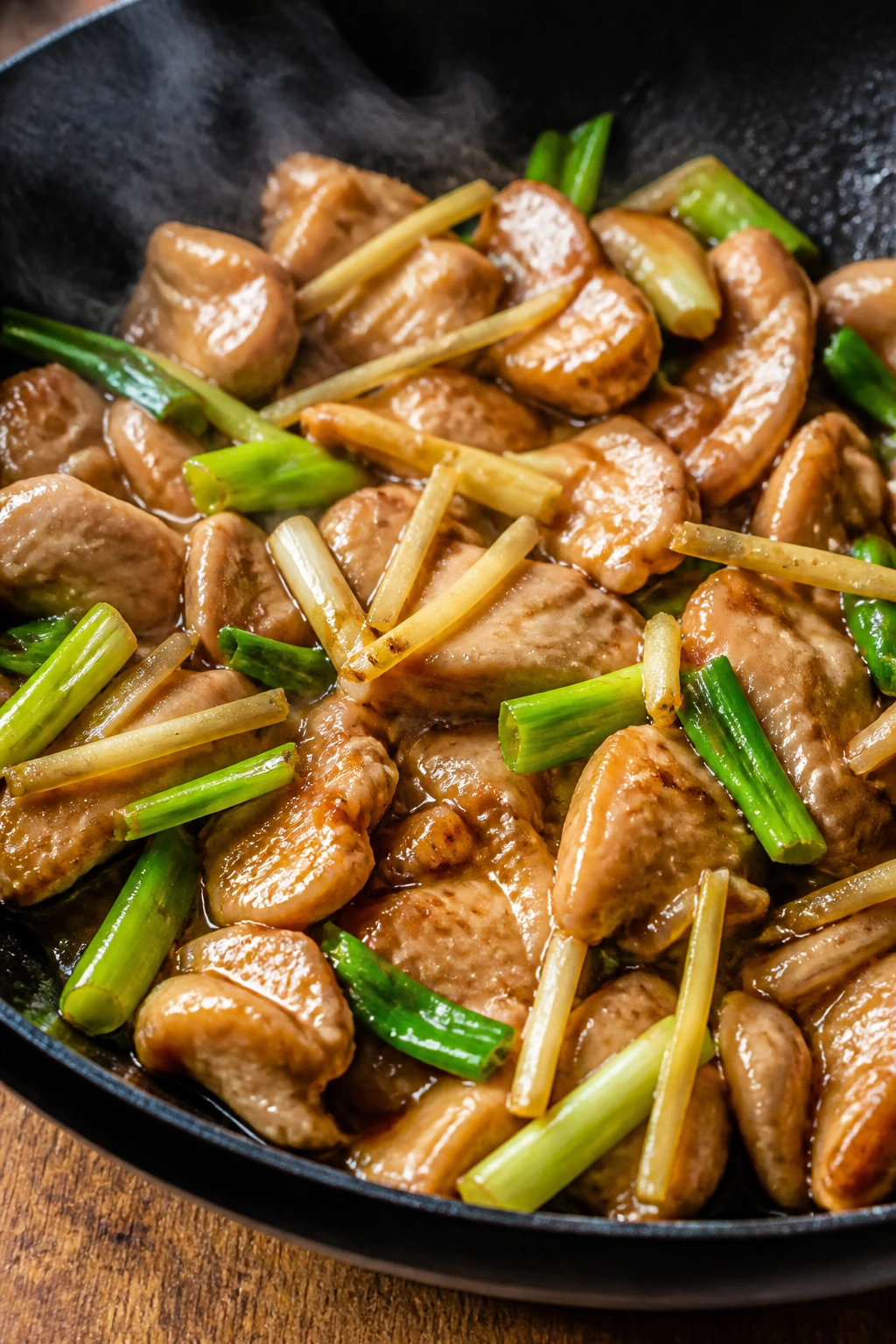 Close-up of Ginger Scallion Chicken with ginger and scallions in a pan