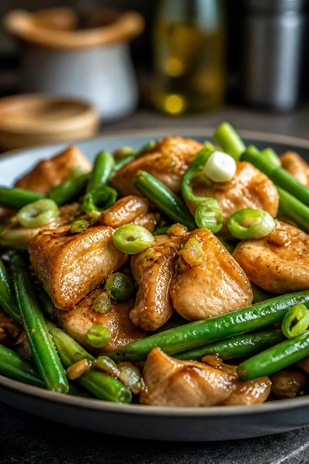Close-up of ginger scallion chicken with green beans on plate