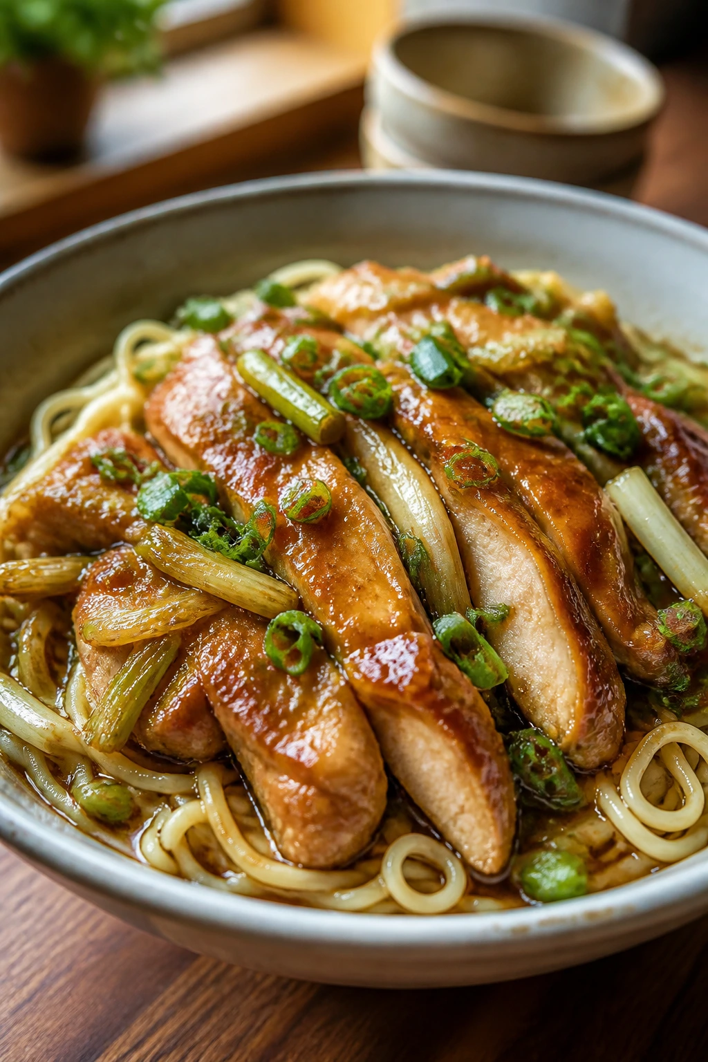Ginger scallion chicken over noodles in bowl