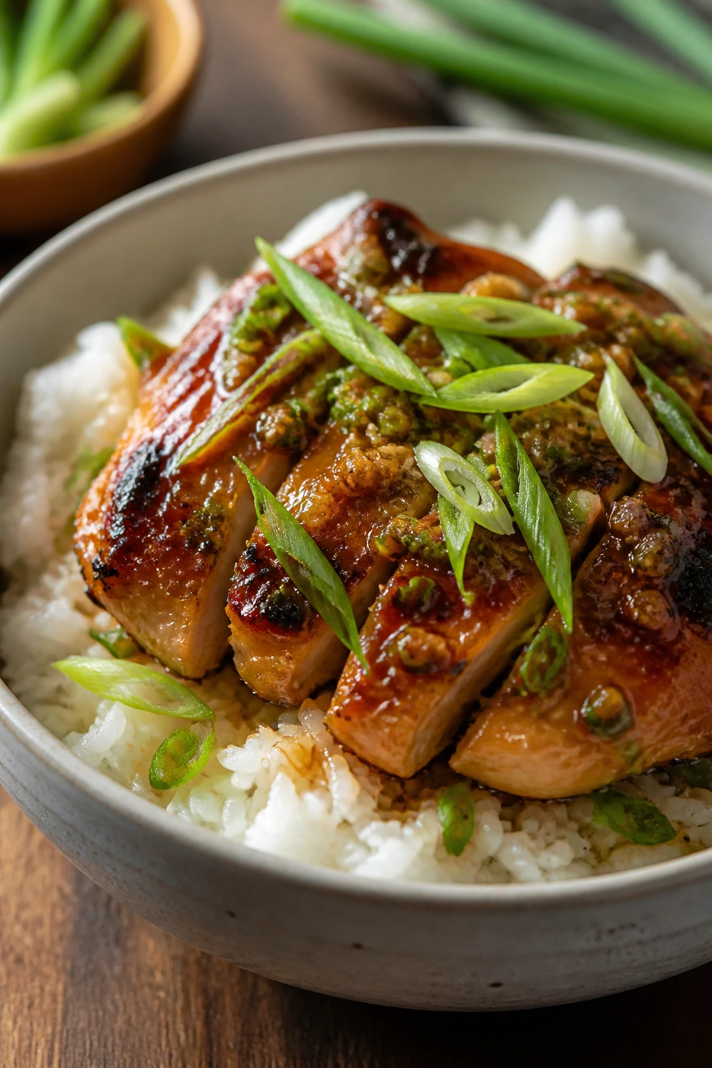 Close-up of a ginger-scallion chicken over jasmine rice in a bowl