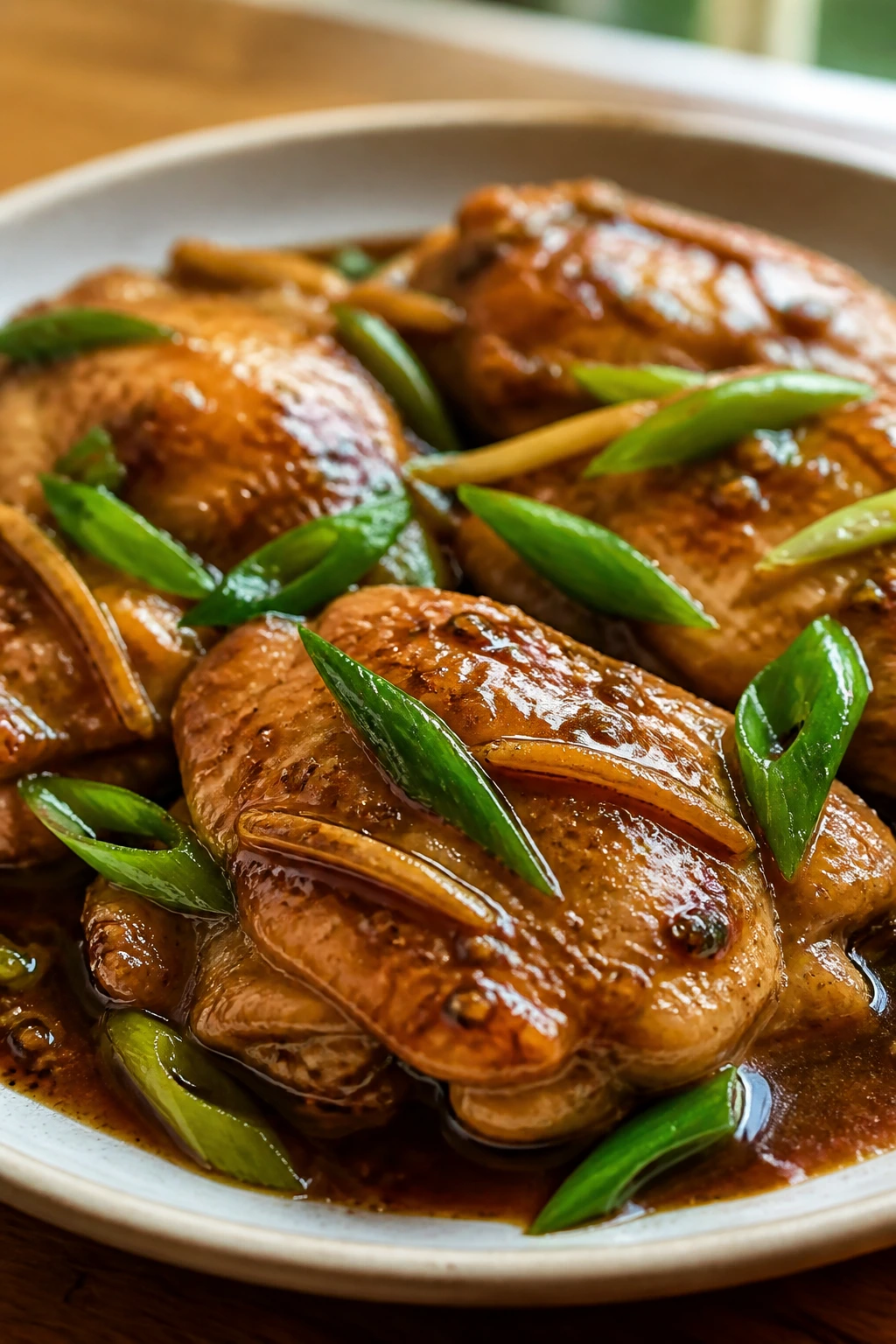 Close-up of glossy ginger scallion chicken on plate with scallions in a warm kitchen setting