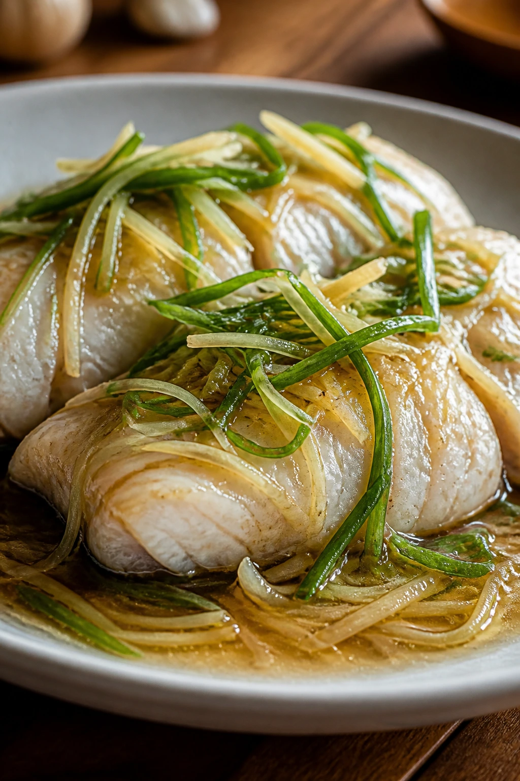 Ginger scallion fish fillets topped with ginger and scallions