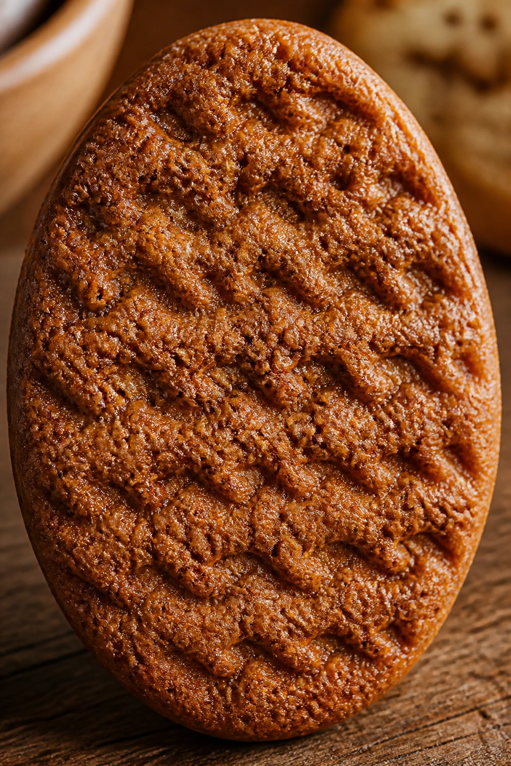 Close-up of a ginger snap Easter egg cookie with spice specks on a rustic wooden board