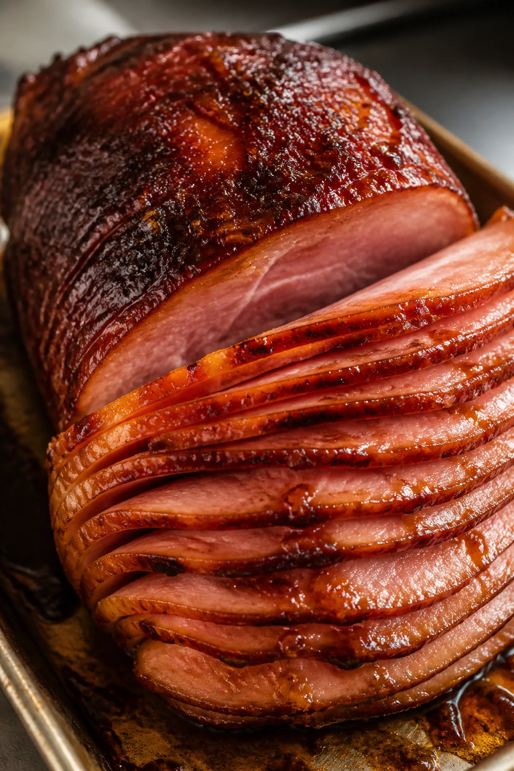 Spiral-cut ham with savory glaze on a kitchen counter