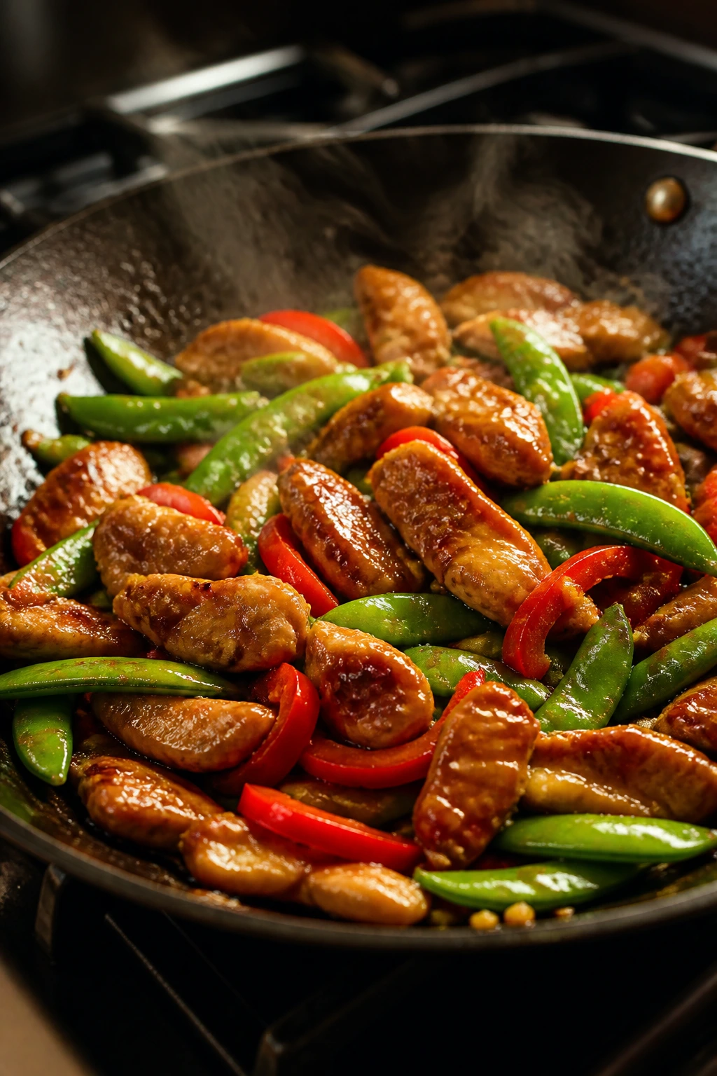 Close-up of glossy ginger-soy chicken stir-fry with snap peas on a hot skillet