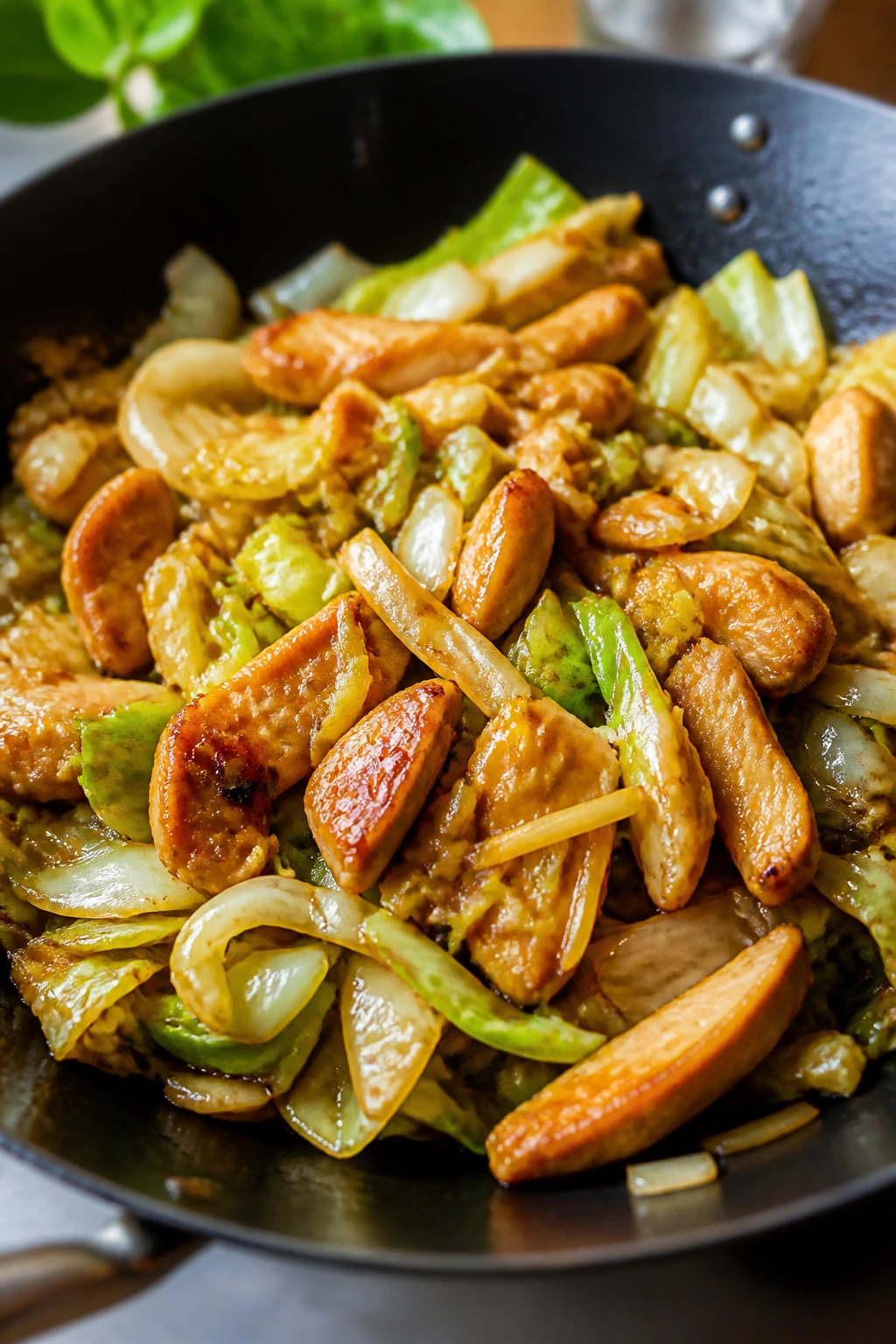 Ginger-soy chicken and cabbage stir-fry in wok