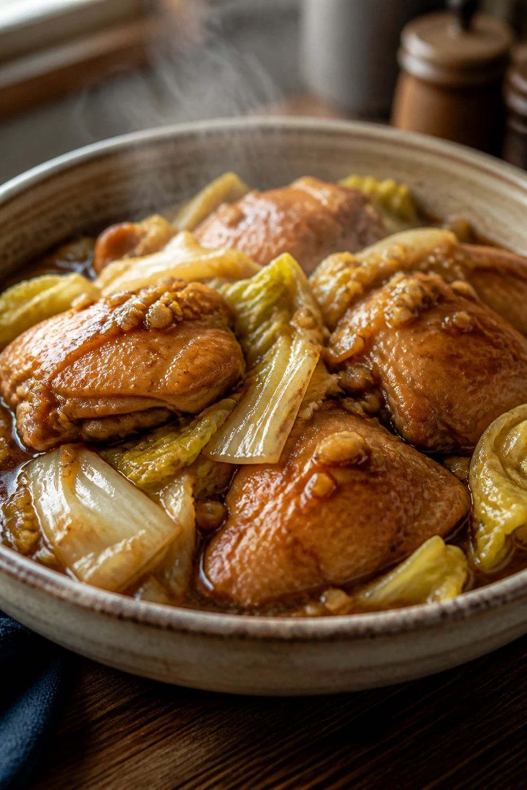 Juicy chicken thighs with napa cabbage in ginger-soy glaze in rustic bowl.