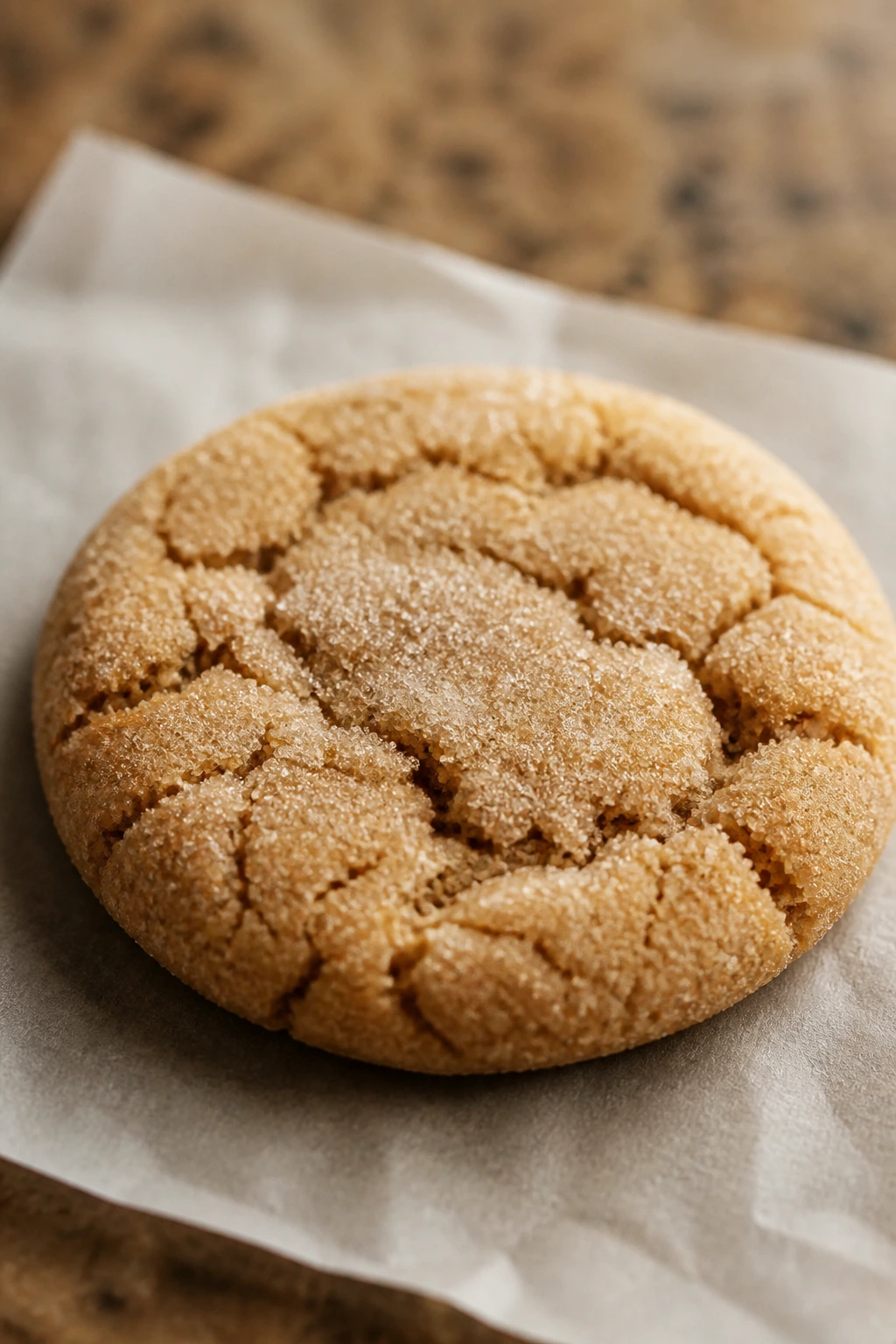 Close-up of ginger sugar cookie with sugar crystals on parchment